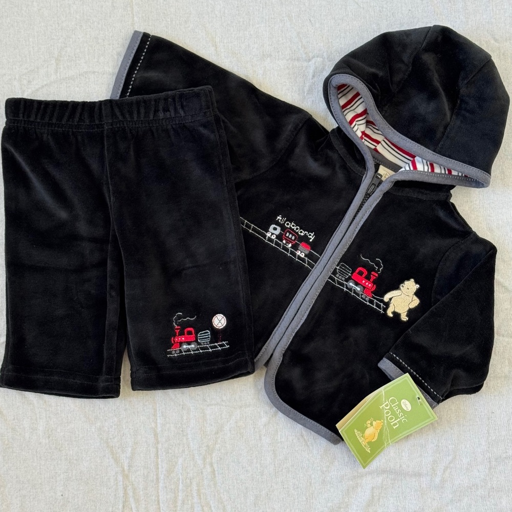 Disney Classic Pooh Train Newborn Black Velvet 2pc. Set Hoodie Jacket Pants 2009